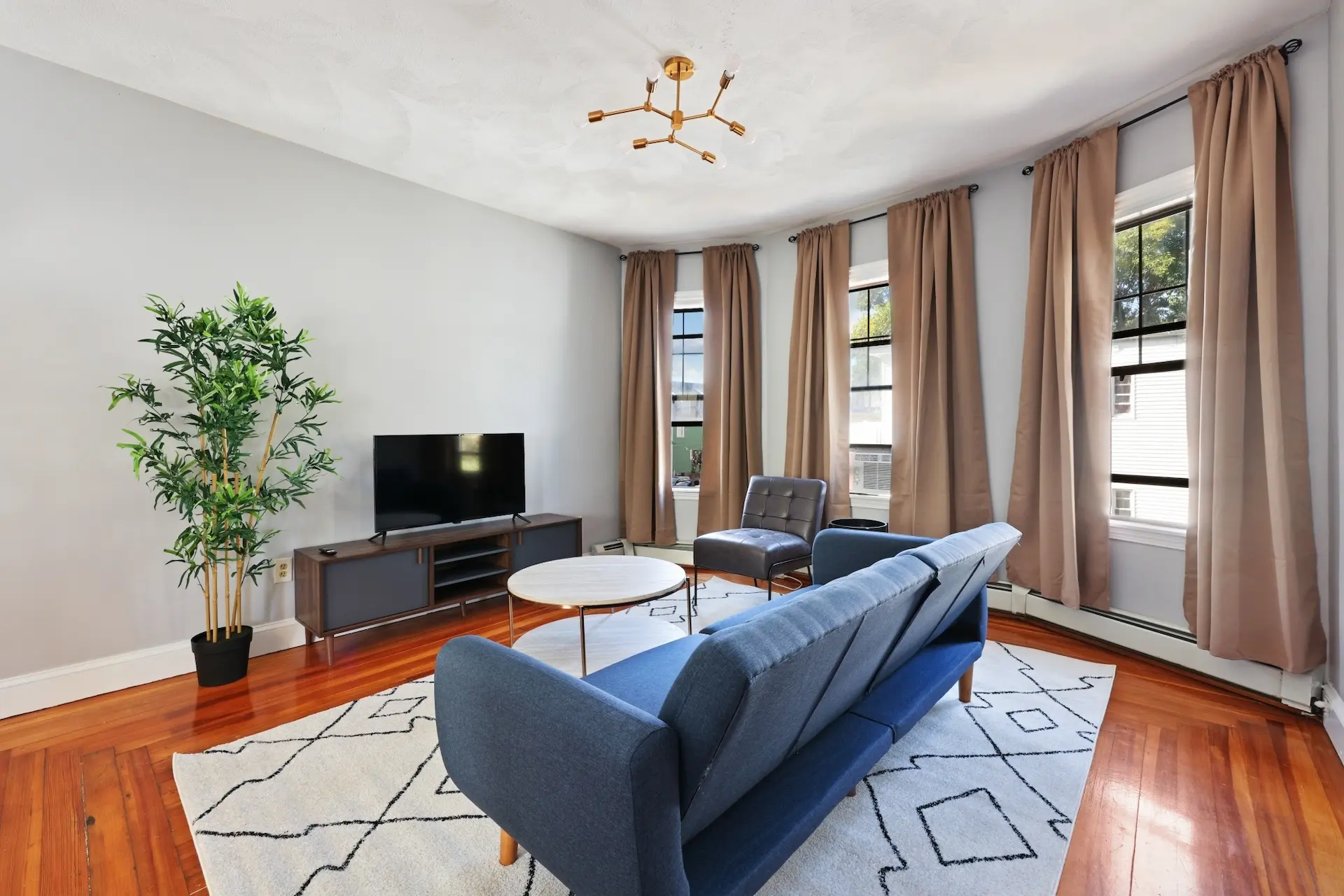 Modern living room with hardwood floors, a navy blue sofa, a flat-screen TV on a wooden console, a potted plant, and three large windows with beige curtains letting in natural light.